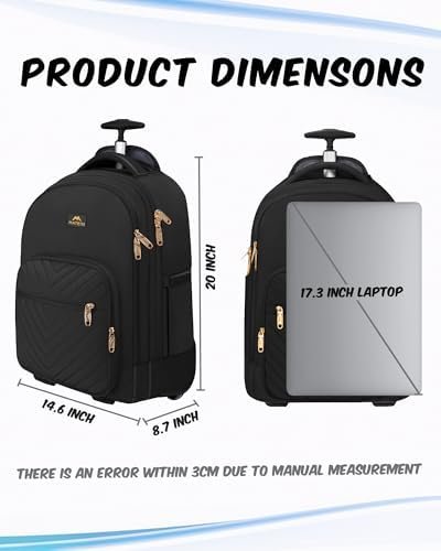 MATEIN Rolling Backpack, 17 inch Extra Large Travel Laptop Backpack with Wheel, Water Resistant Carry on Luggage Business Bag, Overnight College Computer Backpack Trolley Suitcase for Women Men, Black - Image 6