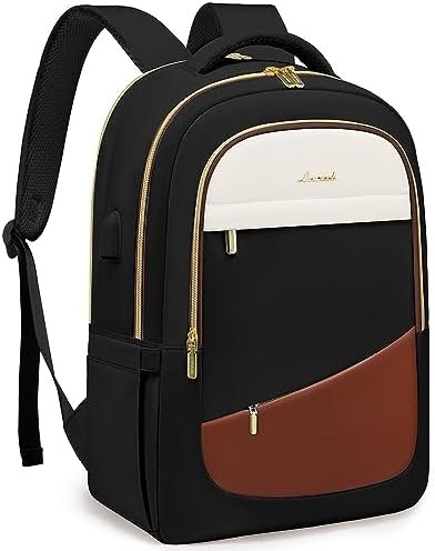 LOVEVOOK Laptop Backpack for Women,College Travel Copmputer Backpack, 15.6 Inch Work Backpacks with USB Port,Waterproof Back Pack with Laptop Compartment for Teacher Nurse,Black-White-Brown