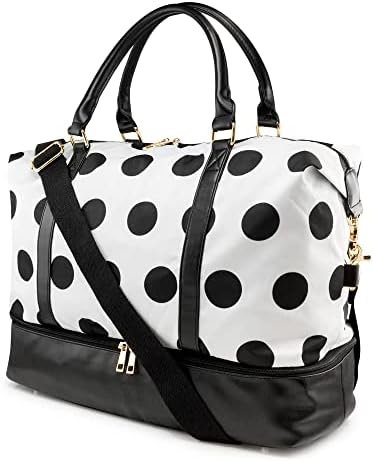 Gearonic Weekender Bag Travel Duffle for Women Men Overnight Carry On Tote with Shoe Compartment and Luggage Sleeve- White Base/Black Polka Dot