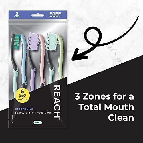 Reach Essentials Toothbrush with Toothbrush Caps, Multi-Zoned Angled Soft Bristles, Contoured Handle, Tongue Scraper, 6 Count - Image 4