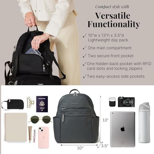 Securtex® Anti-theft Vacation Travel Backpack 10x13" Slash-Resistant Nylon Daypack w/RFID, Charcoal - Image 4
