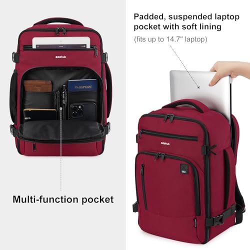 ECOHUB 16'' Travel Backpack For Women Men Airline Approved Personal Item Travel Bag Travel Essentials Laptop Backpack Casual Daypack Small Hiking Backpack Lightweight Waterproof Backpack, Red - Image 6