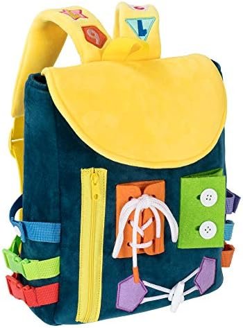 Busy Board - Toddler Backpack with Buckles and Learning Activity Toys - Develop Fine Motor Skills and Basic Life Skills - Learn to Tie Shoes - Children's Travel Toy Navy Blue