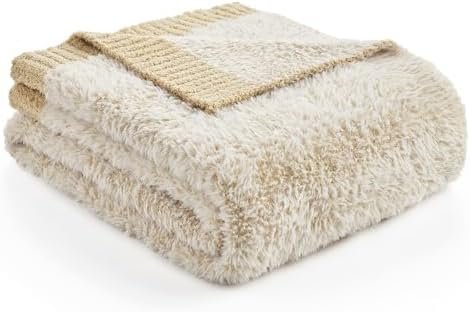 Amélie Home Super Soft Faux Fur Feather Yarn Throw Blankets for Couch, Lightweight Reversible Knit Throw Blanket for Sofa Chair Bed, 50"x 60", Heather Beige