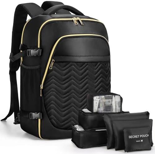 Large Travel Backpack for Women - Travel Backpack Carry on Flight approved 40L Personal Item with 6 Packing Cubes fit 17 inch Laptop Water Resistant Business College Backpacks Black