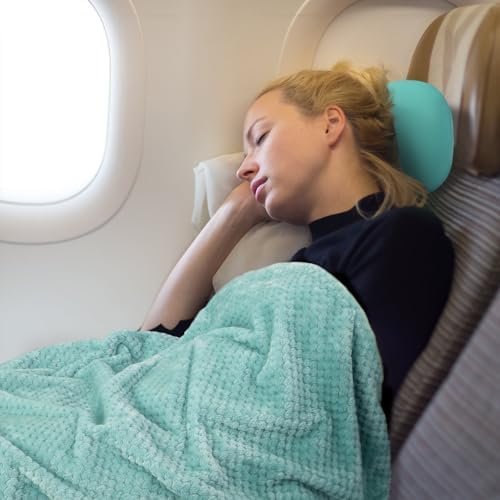 Travel Pillow Blanket Set-3 in 1 Travel Pillow Memory Foam, Soft Travel Blanket Airplane Compact with Bag, Inner Pillowcase, Hand Luggage Belts and Backpack Clip, for Plane Car, Blue Green - Image 3