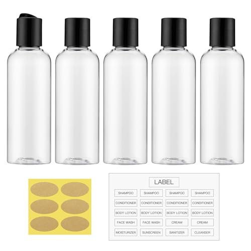 3.4 oz Travel Bottles for Toiletries, Empty Travel Size Containers Tsa Approved, 5PCS Small Plastic Shampoo Bottles with Labels (100ml, Clear)