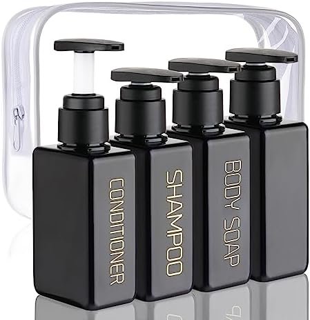 Travel Bottles Travel Accessories Toiletries 4 Pack 3.7oz/110ml Travel Shampoo and Conditioner Bottles Empty Plastic Pump Bottle Dispenser Travel Size Bottles (3labels &1blank Black)
