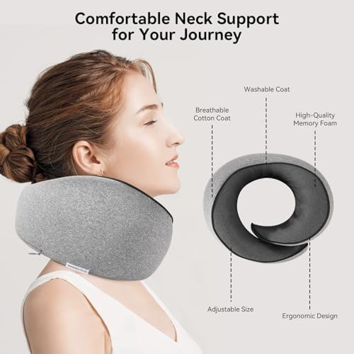 WANDER PLUS® Genuine Travel Pillow, 100% Pure Memory Foam Neck Pillow for Airplanes, Comfortable Breathable Cover, 360° Support Stowable Pillows for Sleeping, Car, Airport Travel Essentials, Grey - Image 5