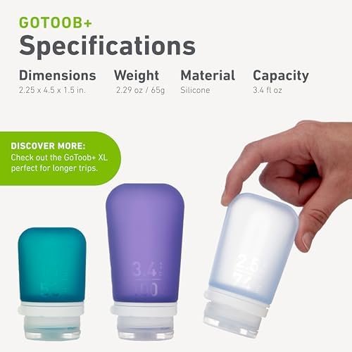 humangear GoToob+ 3-Pack (Large) | Refillable Silicone Travel Bottle | Locking Lid | Food-Safe Material, Clear/Red/Orange, Large (3.4 fl.oz.; 100ml) - Image 5
