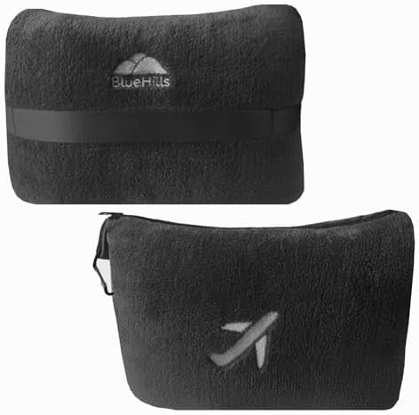 BlueHills Travel Blanket Pillow in Mini Soft Packable Case Premium Plush Airplane Blanket in Portable Compact Pack with Luggage Belt and Carabiner Long Flight Throw Essentials Lightweight- Black M05