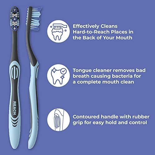 Reach Essentials Toothbrush with Toothbrush Caps, Multi-Zoned Angled Soft Bristles, Contoured Handle, Tongue Scraper, 6 Count - Image 3