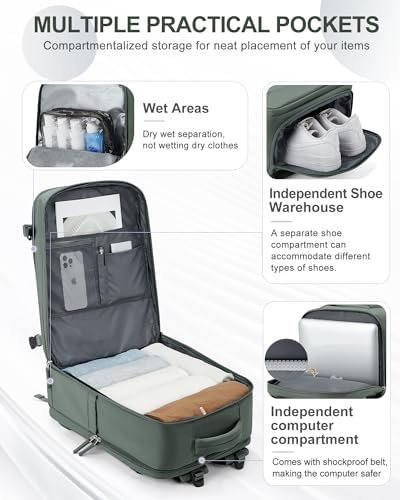 coowoz Large Travel Backpack Carry On for Women Man Waterproof Gym Backpack with Laptop Compartment Mochila de Viaje Teacher Personal Item Backpack Rucksack Airplane Accessories Must Haves Olive Green - Image 3