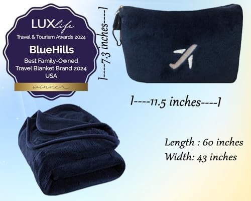 BlueHills Travel Blanket Pillow in Mini Soft Case Premium Plush Airplane Blanket in Soft Bag Compact Pack with Luggage Belt and Backpack Clip Long Flights Essentials Traveling Plane - Navy Blue M04 - Image 3