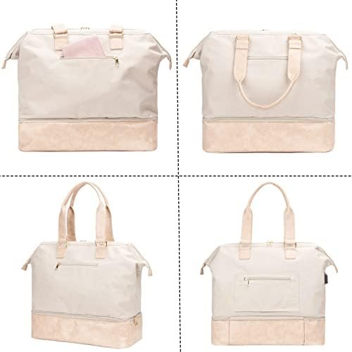 MINKARS Weekender Bag with Shoe Compartment Travel Tote Overnight Bag, Personal Item Bag for Airlines 17 Inch, Beige - Image 5