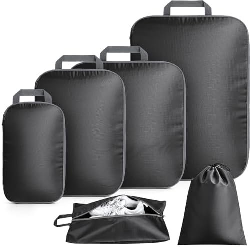 Packing Cubes for Travel, 6 Set Lightweight Compression Travel Bags - Luggage Suitcase Organizer Travel Essentials, Expandable Packing Cubes Organizer for Carry on Suitcases,Black
