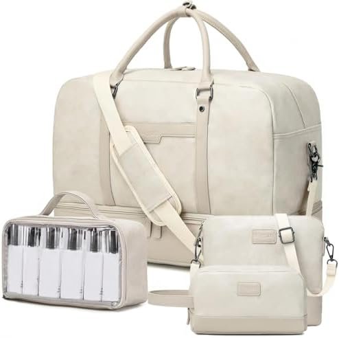 Wogarl 4PCS Leather Weekender Bag for Women Men Large Overnight Bag Travel Duffel Bag with Shoe Compartment Toiletry Satchel Bag Carry On Bag Fit 21" Laptop(White)