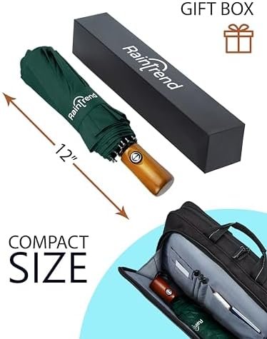 PREMIUM UMBRELLAS for Rain Windproof Travel Dark Green Umbrella - Large Double Canopy but Compact Folding Portable - Automatic Strong Wind Resistant Construction - Womens Mens Umbrella for Backpack - Image 3