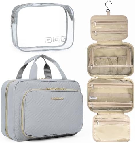BAGSMART Toiletry Bag Hanging Travel Makeup Organizer with TSA Approved Transparent Cosmetic Bag Makeup Bag for Full Sized Toiletries, Medium-Grey
