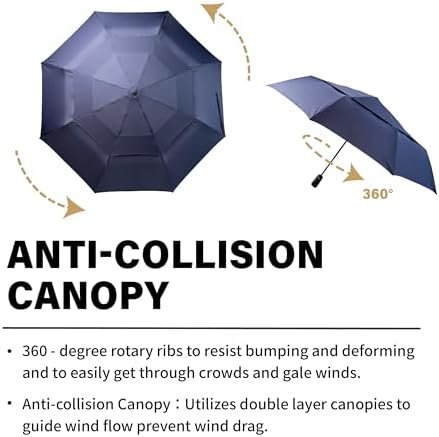 Large Umbrella Windproof 54 Inch Folds Into Portable Travel Size - Big Enough To Comfortably Fit In 2 Adults - Auto Open Close and Patented Vortex System For Superior Safety And Durability (Navy Blue) - Image 3