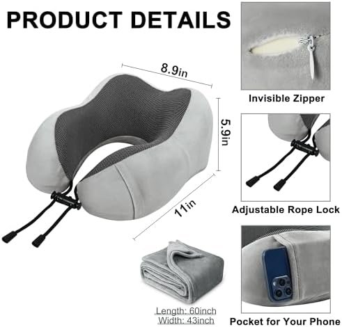 Travel Pillow and Blanket Set Neck Pillow Airplane Memory Foam for Traveling Compact with Bag Grey - Image 3