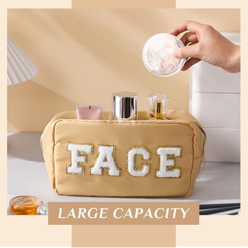Remerry 4 Pcs Nylon Cosmetic Bag Travel Organizer Chenille Letter Makeup Pouch Zipper Preppy Waterproof Hair Bag Toiletry Pouch for Women Girls(Light Brown, Beige, Light Pink, White) - Image 6