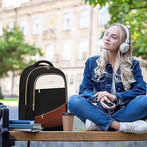 LOVEVOOK Laptop Backpack for Women,College Travel Copmputer Backpack, 15.6 Inch Work Backpacks with USB Port,Waterproof Back Pack with Laptop Compartment for Teacher Nurse,Black-White-Brown - Image 2
