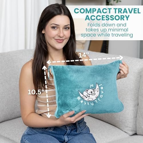 Resty Travel Blanket - Compact Airplane Blanket with Bag - Small and Lightweight Traveling Blanket & Pillow - Portable Blankets with Carabiner for Easy Transport - Plane Train Car (Baby Blue) - Image 7
