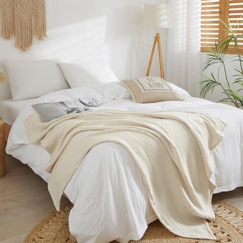 PHF 100% Cotton Muslin Throw Blanket, 4-Layer Lightweight and Breathable Blanket for Summer, Luxuriously Soft Gauze Blanket for Couch Bed Sofa, Elegant Home Decoration, 50" x 60", Shortbread - Image 7