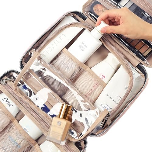 NISHEL Travel Toiletry Bag for women, Portable Hanging Organizer for Travel-Sized Shampoo, Conditioner, Brushes Set, makeup Accessories, Medium Size, Pink - Image 5