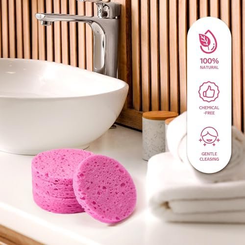 50-Count Compressed Facial Sponges for Daily Facial Cleansing and Exfoliating, 100% Natural Cosmetic Spa Sponges for Makeup Remover, Reusable, Pink - Image 7
