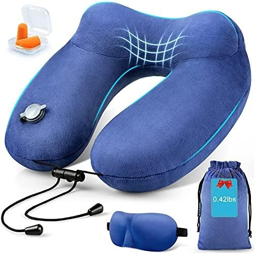 urophylla Inflatable Travel Pillows for Airplanes, Soft-Velvet Inflatable Neck Pillows for Travel - 3D Contoured Eye Masks, Blow Up Pillow for Traveling, Trains, Cars, Travel Accessories(Blue)