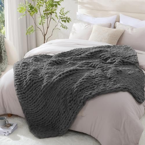 WRENSONGE Drak Grey Chunky Knit Blanket Throw, 50"x60" Large Chunky Knit Throw Blanket for Couch, Bed, 100% Hand Made Chenille Throw Blanket, Soft Fluffy Cable Knit Blanket Warm Machine Washable - Image 7