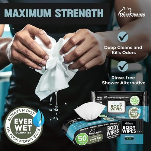 Body Wipes for Men - 50 XL No Rinse Shower Wipes + 4 Travel Bath Wipes - 9"x12" After Gym Wipes - Mens Deodorant Wipes - Face Wipes for Men -For Camping Essentials, Survival Gear and Supplies - Image 4