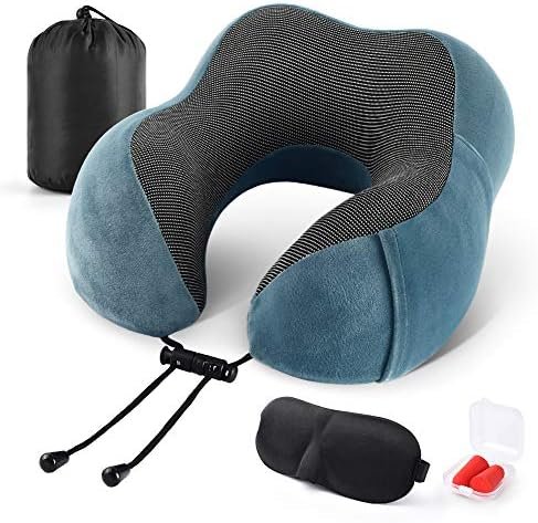 Travel Pillow 100% Memory Foam Pillow, Neck Pillow for Airplane, Neck & Head Support Pillow for Sleeping Rest & Car, Travel Pillows Kit with Storage Bag, Sleep Mask and Earplugs Blue