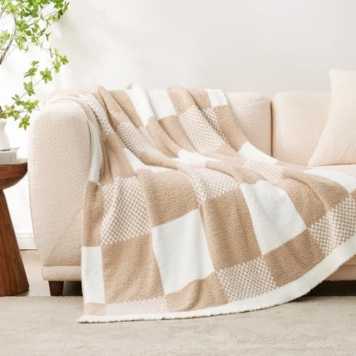 Snuggle Sac Checkered Blanket, Beige Throw Blanket for Couch Plaid Microfiber Fluffy Warm Cozy Fuzzy Soft Throw Blanket Reversible Checkerered Blankets for Sofa, Chair, Bed, 50x60 inches - Image 5