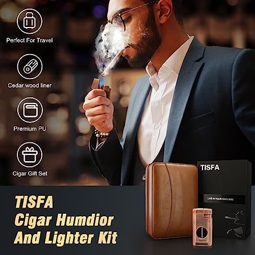TISFA Cigar Humidor, Leather Cedar Wood Cigar Case with Cigar Lighter, V Cut Cigar Cutter, Cigar Holder 3 in 1, Portable Travel Cigar Humidor Box with Humidifier (Brown) - Image 4