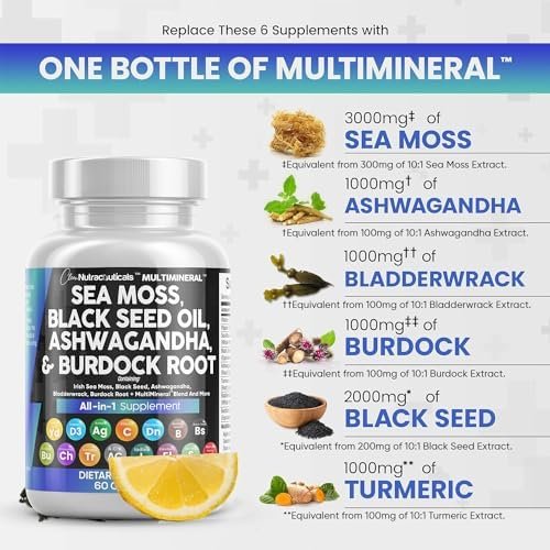 Sea Moss 3000mg Black Seed Oil 2000mg Ashwagandha 1000mg Turmeric 1000mg Bladderwrack 1000mg Burdock 1000mg & Vitamin C & D3 with Elderberry Manuka Dandelion Yellow Dock Iodine Chlorophyll ACV - Image 5