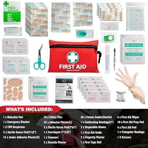 General Medi Mini First Aid Kit, 110 Piece Small First Aid Kit - Includes Emergency Foil Blanket, Scissors for Travel, Home, Office, Vehicle, Camping, Workplace & Outdoor (Red) - Image 2