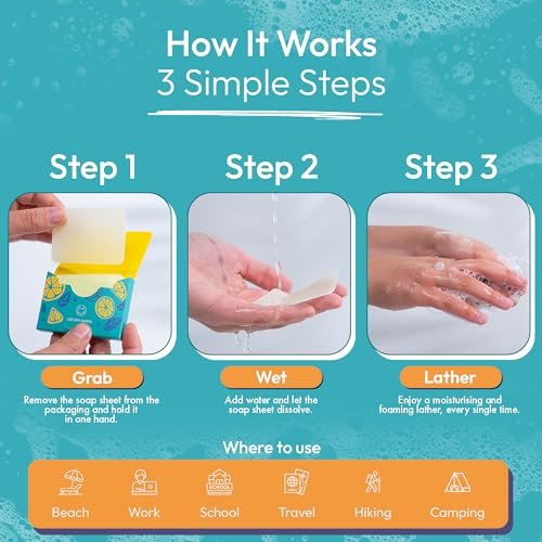 FOMIN - Antibacterial Paper Soap Sheets for Hand Washing - (300 Sheets) Orange, Tea Tree, Lavender Portable Travel Soap Sheets, Dissolvable Camping Mini Soap, Portable Hand Soap Sheets - Image 4