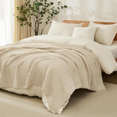 EMME Cotton Throw Blanket Large 50"x70" 100% Muslin for Couch Breathable Gauze All Season Soft and Lightweight Pre-Washed (Light Tan) - Image 7