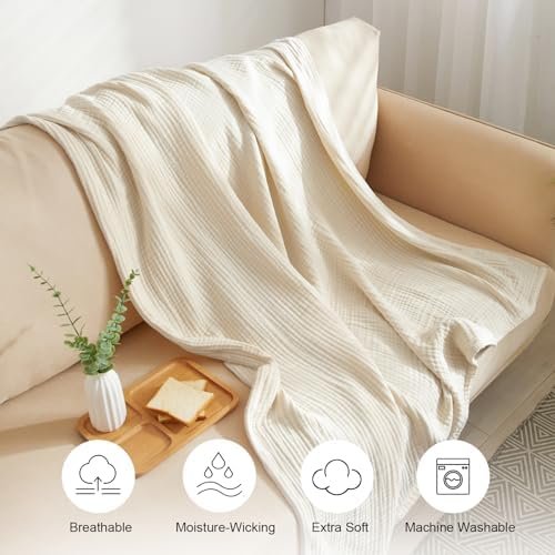 PHF 100% Cotton Muslin Throw Blanket, 4-Layer Lightweight and Breathable Blanket for Summer, Luxuriously Soft Gauze Blanket for Couch Bed Sofa, Elegant Home Decoration, 50" x 60", Shortbread - Image 4