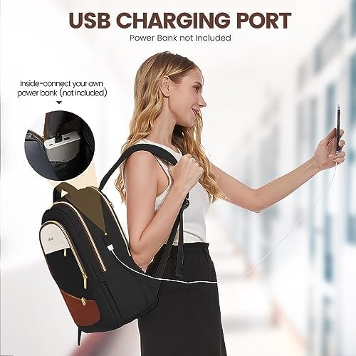 LOVEVOOK Laptop Backpack for Women,College Travel Copmputer Backpack, 15.6 Inch Work Backpacks with USB Port,Waterproof Back Pack with Laptop Compartment for Teacher Nurse,Black-White-Brown - Image 6