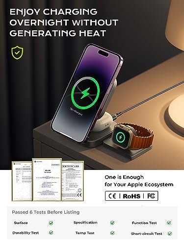 LISEN 3 in 1 Wireless Charging Station for Apple Devices Magsafe for iPhone Magnetic Charger Stand, Travel for iPhone Charging Station Multiple Devices Fits iPhone 16 15 Pro Max Airpods iWatch - Image 5