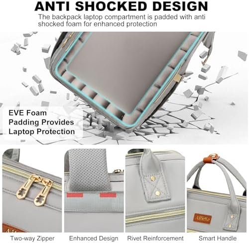 AIJIEKE Lunch Backpack for Women, 15.6 inch Laptop Backpack for Women, Work Backpack for Women with Insulated Cooler Lunch Bag for Travel Nurse Teacher, Grey - Image 5