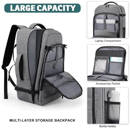 Travel Backpack for Women/Men,Waterproof Carry On Backpack with Laptop Compartment,Travel Essentials Backpack for Traveling,Business Hiking,Casual,Gym(Grey) - Image 3