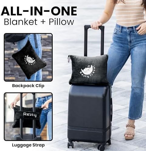 Resty Travel Blanket - Compact Airplane Blanket with Bag - Small and Lightweight Traveling Blanket & Pillow - Portable Blankets with Carabiner for Easy Transport - Plane Train Car (Onyx Black) - Image 3
