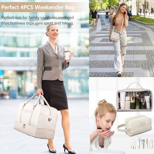 Wogarl 4PCS Leather Weekender Bag for Women Men Large Overnight Bag Travel Duffel Bag with Shoe Compartment Toiletry Satchel Bag Carry On Bag Fit 21" Laptop(White) - Image 2
