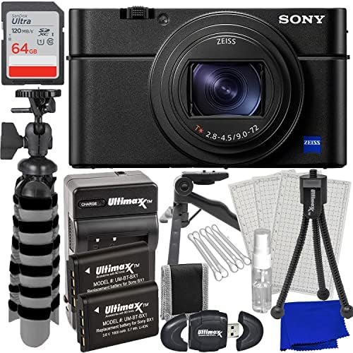 Ultimaxx Essential Accessory Bundle + Sony Cyber-Shot DSC-RX100 VII Digital Camera + SanDisk 64GB Ultra SDXC, 2X Replacement Batteries with Travel Charger, Mini “Gripster” Tripod & More (19pc Bundle)
