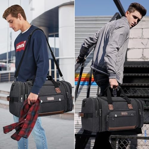 WITZMAN Mens Duffle Bags for Traveling Canvas Weekender Travel Bag Expandable Overnight Bag Carry on Bag(A8007 Black) - Image 2